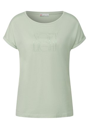 Himmelblaues kurzärmeliges T-Shirt mit umgeschlagenen Ärmeln und dezent glitzerndem Text "SOFT LIGHT" auf der Vorderseite, Markenetikett im Kragen.