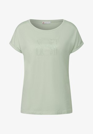 Himmelblaues kurzärmeliges T-Shirt mit umgeschlagenen Ärmeln und dezent glitzerndem Text "SOFT LIGHT" auf der Vorderseite, Markenetikett im Kragen.