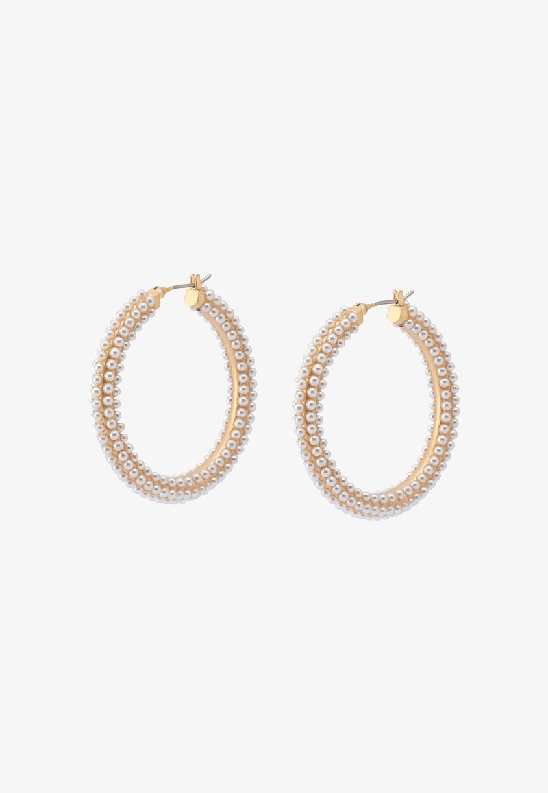Gold-tone hoop earrings featuring multiple rows of white pearls, oval shape, textured surface, and hinged clasp for secure wear.
