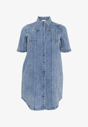 Denim shirt dress in light blue with short sleeves, two chest pockets, front button closure, and vertical stitch detailing.