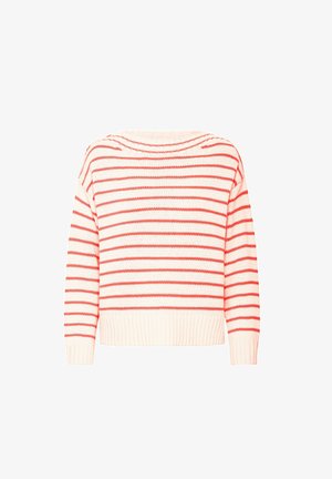 Pull en tricot rayé avec des rayures horizontales crème et rouge, poignets et bas côtelés. Coupe décontractée avec un large décolleté. Texture douce.