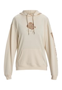 Sudadera beige hecha de tela suave, con un bolsillo frontal, cordones ajustables y un gráfico floral con texto en la manga.