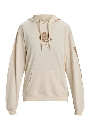Beige hoodie made of soft fabric, featuring a front pocket, adjustable drawstrings, and a floral graphic with text on the sleeve.