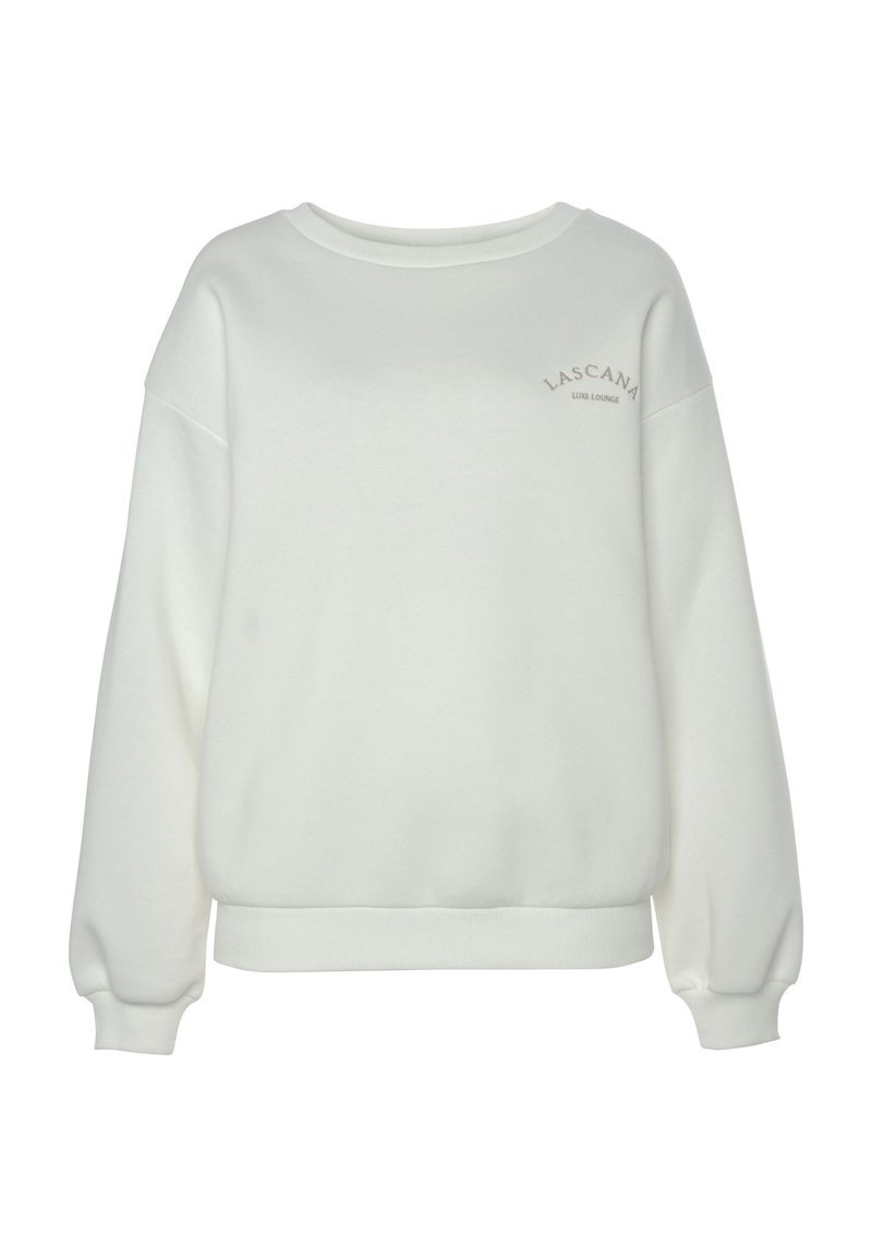 Witte sweatshirt met een ronde halslijn, verlaagde schouders en elastische manchetten. Bevat een klein "LASCANA" logo in lichtbruine stitching.