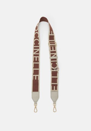 Geweven band met een crème- en bruin kleurenschema, met gedurfde logo's, vergulde hardware en gestructureerde leren accenten aan elk uiteinde.