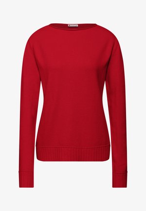 Suéter rojo de manga larga con cuello redondo, puños y dobladillo acanalados. La textura suave y el diseño ajustado proporcionan un aspecto clásico.