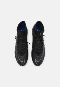 Black athletic shoes with a textured mesh upper, featuring blue accents and white logo, thin laces, and a streamlined design.
