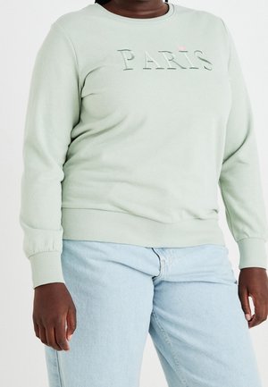 Personne portant un sweat-shirt vert clair avec « PARIS » brodé sur la poitrine et un jean bleu clair, debout devant un fond uni.