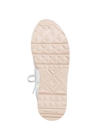 Semelle de chaussure présentant un design en caoutchouc texturé de couleur beige clair avec des motifs en losange et triangulaires, étiquetée avec "Tamaris" et taille "37".