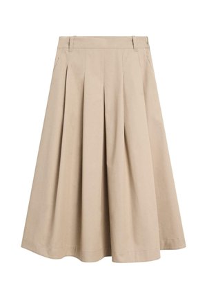 Beige knielange A-lijn rok met plooien, riemlussen en zijzakken, getoond tegen een witte achtergrond.