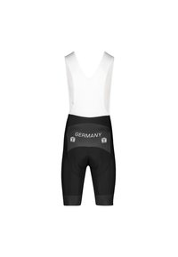 Black cycling bib shorts with a white mesh upper. Features a chamois pad, "GERMANY" text on the back, and sleek, stretchy fabric.