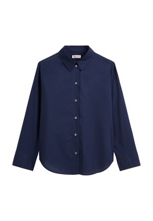 Cămașă de culoare bleu marin, cu nasturi, confecționată din bumbac. Prezintă un guler clasic, mâneci lungi și un tiv rotunjit, cu nasturi mici pe față.