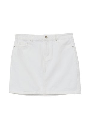 Weiße Jeansrock mit geradem Schnitt, Vordertaschen, metallischem Knopf und dezenten Nähdetails.