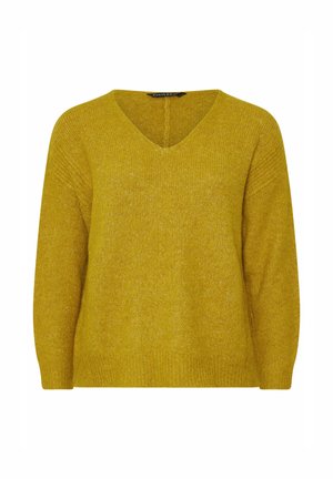 Maglione a V in un vivace giallo senape, realizzato in morbido tessuto a maglia testurizzato, con maniche lunghe e vestibilità comoda.