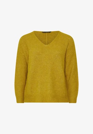 V-Ausschnitt Pullover in lebhaftem Senfgelb, aus weichem, strukturiertem Strickstoff, mit langen Ärmeln und lässiger Passform.