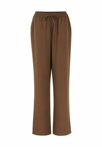 Bruine, wijdvallende broeken gemaakt van zachte stof met een elastische tailleband en trekkoord voor een verstelbare pasvorm. Geen zakken of patronen.