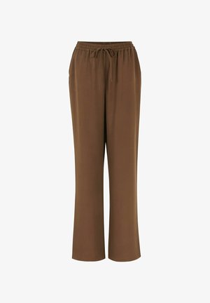 Barna, bő szárú nadrág puha anyagból, rugalmas derékkal és állítható zsinórral a kényelmes illeszkedésért. Nincs zseb vagy mintázat.