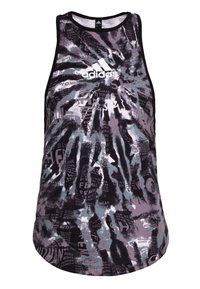 Top na ramiączkach z czarno-fioletowym abstrakcyjnym wzorem i elementami tekstowymi. Wykonany z oddychającej tkaniny, posiada okrągły dekolt i bezrękawowy krój.