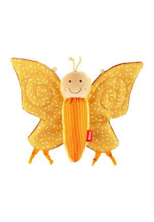 Soft toy butterfly with smiling face, yellow patterned fabric wings, and orange striped body, designed for children.