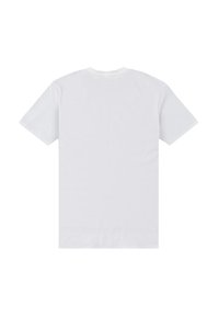 En simpel hvid kortærmet t-shirt vist fra ryggen med rund halsudskæring på en hvid baggrund.