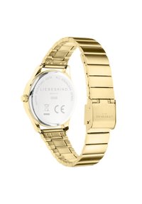 Goldfarbene Edelstahl-Uhr mit poliertem Gehäuse und Gliederarmband. Auf der Rückseite sind Markenname und Angaben zur Wasserfestigkeit zu sehen. Sicherheitsverschluss.