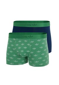 Boxer briefs verdi e blu navy con una vita elastica verde, caratterizzati da un motivo a logo verde chiaro ripetuto sul modello verde.
