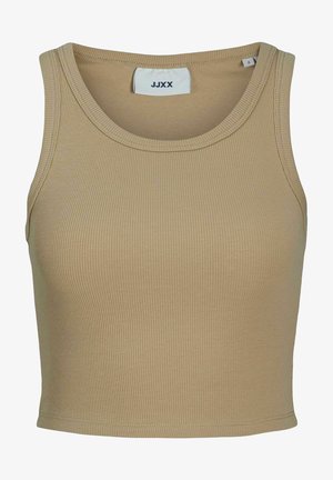 Débardeur écru à côtes, avec un col rond et sans manches, présentant une coupe simple et ajustée, ainsi qu'une étiquette de la marque au niveau du cou.