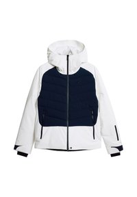 Vit och marinblå jacka med huva, som har en quiltad överdel, fickor med dragkedja och kontrasterande svarta detaljer på ärmarna.