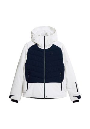 Weiße und marineblaue Jacke mit Kapuze, mit einem gesteppten oberen Abschnitt, Reißverschlusstaschen und kontrastierenden schwarzen Akzenten an den Ärmelbündchen.