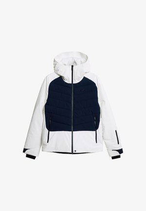 Witte en marineblauwe jas met een capuchon, voorzien van een gewatteerde bovenkant, ritszakken en contrasterende zwarte accenten op de manchetten.