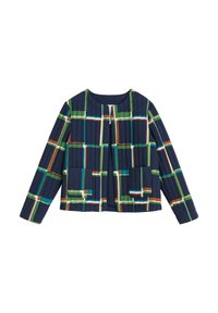 Pikowana granatowa kurtka z kolorowym geometrycznym wzorem w odcieniach zieleni, niebieskiego, pomarańczowego i białego, z dwiema przednimi kieszeniami oraz okrągłym dekoltem.