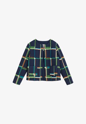 Gepolsterte marineblaue Jacke mit einem bunten geometrischen Muster in Grün, Blau, Orange und Weiß, zwei Fronttaschen und einem runden Halsausschnitt.