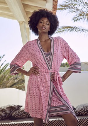 Pink patterned robe with three-quarter sleeves, a belt at the waist, and contrasting striped accents along the edges. Lightweight fabric.