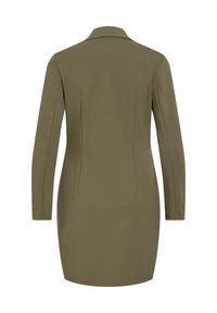 Langärmeliges, olivgrünes, tailliertes Kleid mit Kragen, figurbetonter Silhouette und einem knieumspielenden Saum, gezeigt von hinten.