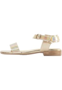 Sandal med stropper og holografisk finish, gyldne detaljer og en lav træblokhæl. Har en spænde lukning og flad sål.