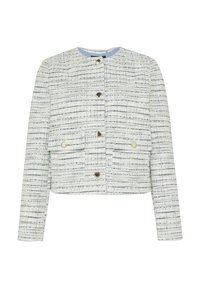 White and blue striped tweed jacket, cropped design, round neckline, front buttons, two flap pockets, gold-tone hardware accents.