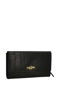 Melnā mākslīgā krokodila ādas maks ar taisnstūra formu, ar zelta logotipa akcentu un teksturētu virsmu. Ar zipa aizdari vienā pusē.