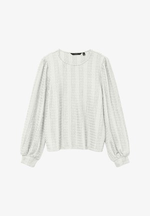 Svijetlosiva majica dugih rukava s teksturiranim materijalom, okruglim dekolteom i nabranim rukavima. Sadrži suptilni rebrasti uzorak kroz cijelu površinu.