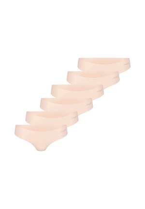 Set di sei slip hipster da donna beige senza cuciture, con vita bassa e piccolo logo sul lato sinistro.
