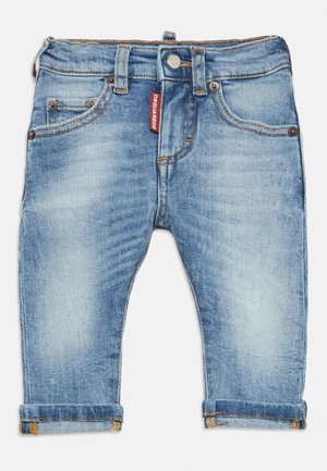 Blue denim jeans with rolled cuffs, featuring four pockets, a button closure, and contrasting stitching. Label visible at the waistband.