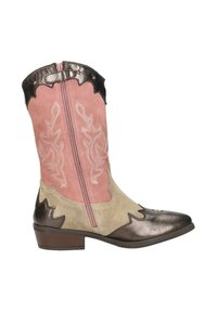 Westerse laarzen van roze suede met metallic bronzen accenten, decoratieve stiksels en een ritssluiting, met een gedempt grijs suède onderdeel.