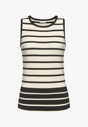 Bežvokė palaidinė su apvaliuku, su drąsiomis juodomis ir kremine horizontaliosiomis juostomis bei raukšlėta tekstūra.