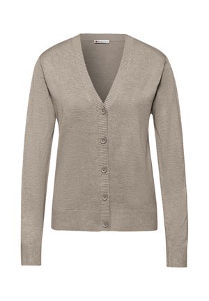 Ljusgrå cardigan med V-ringning, långa ärmar och en fem-knapp framknäppning. Ribbade detaljer vid ärmslut och nederkant. Mjukt tygmaterial.
