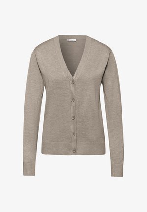 Cardigan gris claro con escote en V, mangas largas y cierre frontal de cinco botones. Textura acanalada en los puños y el dobladillo. Tejido de material suave.