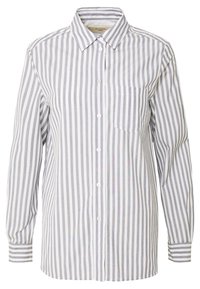 Overhemd met lange mouwen, witte en lichtgrijze verticale strepen, een enkele borstzak en een klassiek kraagontwerp.
