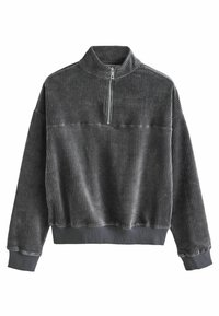 Pull en velours côtelé gris avec un col montant, fermeture éclair demi-longueur et poignets côtelés. Présente des rayures horizontales et une coupe décontractée.