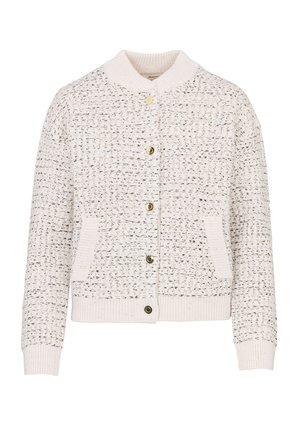 Cardigan crema con tessuto a trama lavorata, collo e polsini a coste, cinque bottoni in ottone e due tasche frontali.