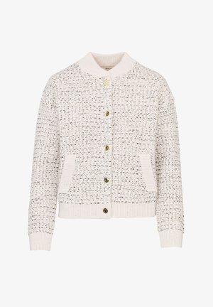 Cardigan crema con tessuto a trama lavorata, collo e polsini a coste, cinque bottoni in ottone e due tasche frontali.