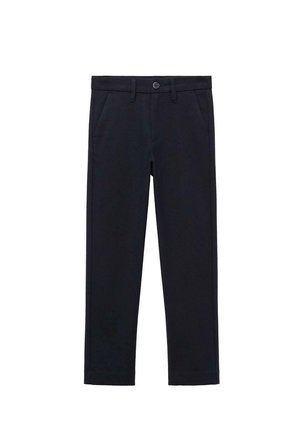 Pantalons bleu marine foncé en tissu lisse, avec une fermeture à bouton, des passants de ceinture, des poches latérales et une coupe ajustée avec une jambe droite.