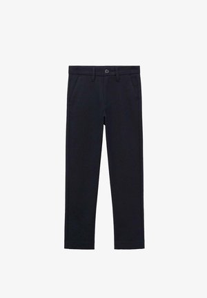 Donkerblauwe broek van een gladde stof, met een knoopsluiting, riemlussen, zijzakken en een getailleerde pasvorm met een rechte pijp.